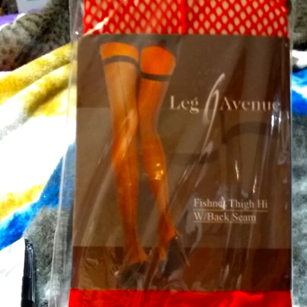 Red Seamed Fishnet Thigh High Stockings